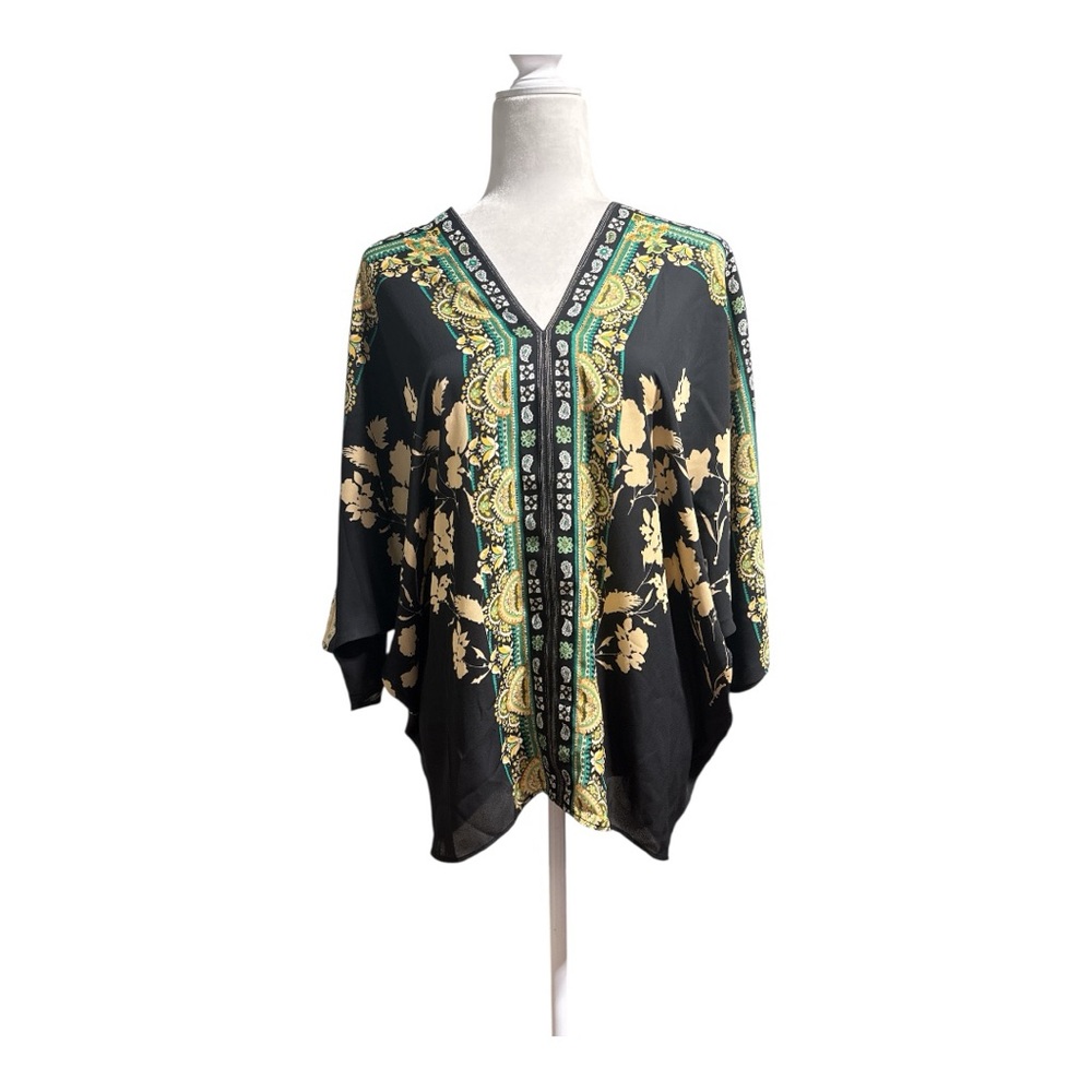 Rose & Olive Floral Boho Blouse V-Neck 3/4 Dolman Sleeve Black & Green Sz M